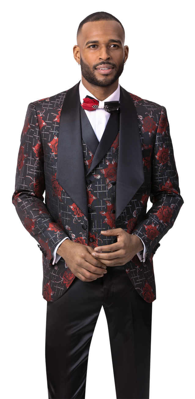 E. J. Samuel Black / Red Floral Design Modern fit Blazer with Vest J85.